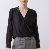 Long Sleeve Wrap Washable Silk Blouse